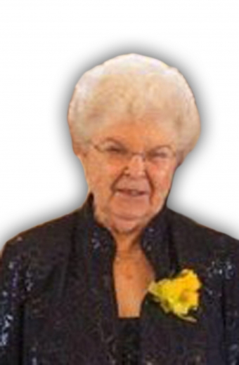 A cutout photo of Thelma wearing a black jacket with a yellow flower pinned to the lapel.
